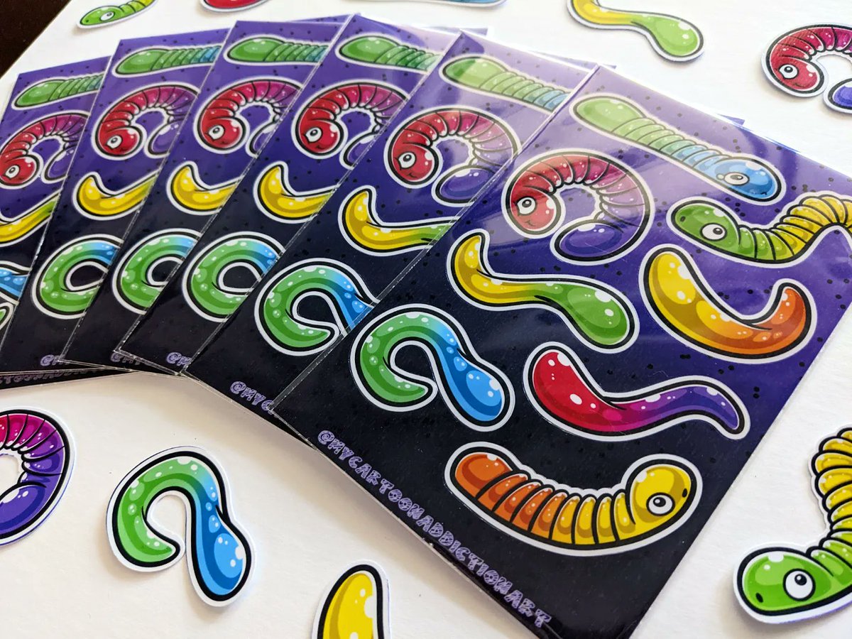 MyCartoonAddic1's tweet photo. Grab a Gummy Worm Sticker Sheet here: https://t.co/h4geKFqXqO #gummyworms #candy #Halloween #rainbowart #colorfulart https://t.co/FIXhO1MU7I