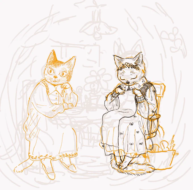 描いてる途中でちからつきた猫姉妹 