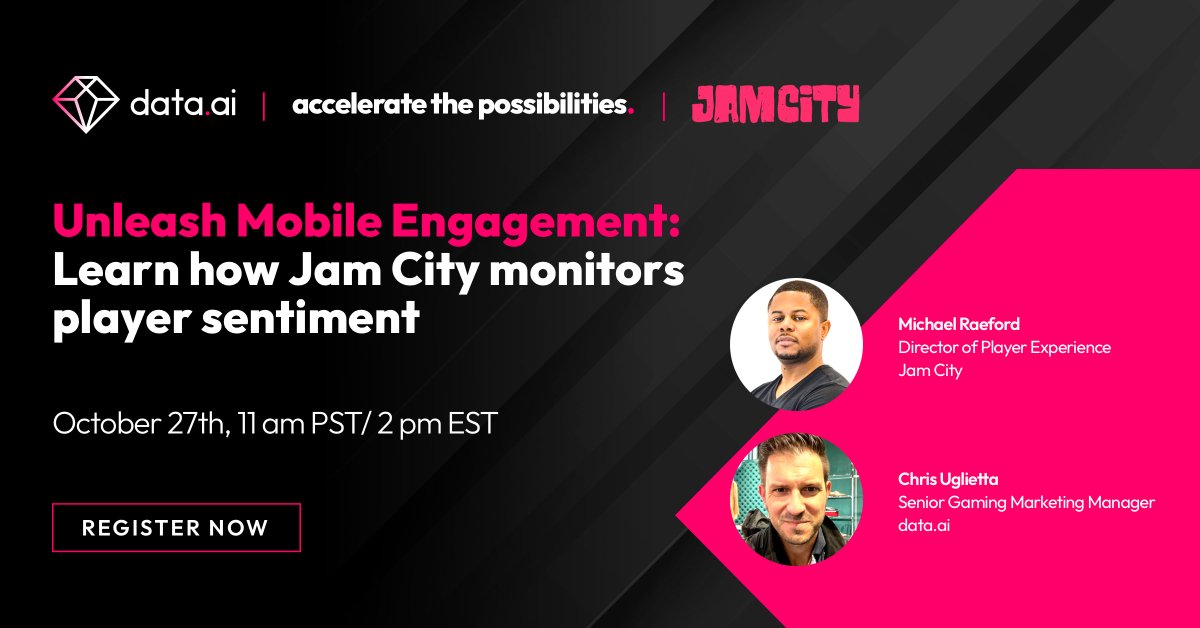 SensorTower's tweet photo. Join our special guest Michael Raeford, Director of Player Experience at @JamCityHQ, as he discusses how his team rely on a data-driven approach to keep players engaged on Thursday, October 27th, 11am PST/2pm EST! https://t.co/dORjGoStzg

#MobileGaming #Gaming #Games #GameDev https://t.co/VBu46wkW7w