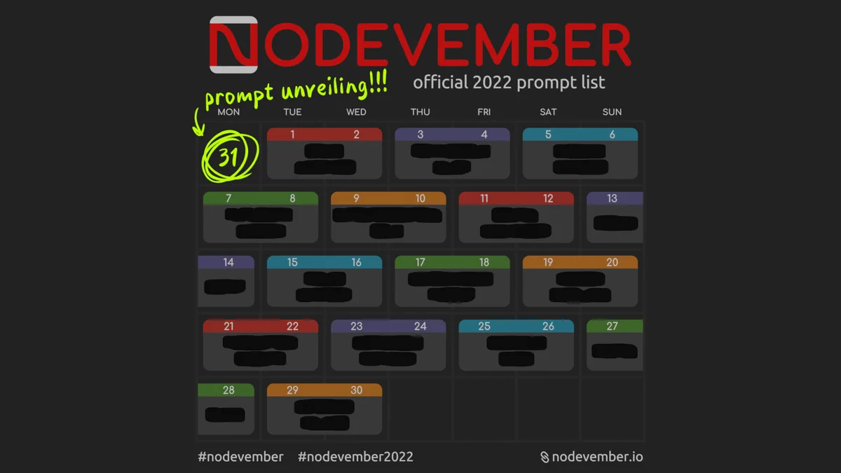 Redacted Nodevember 2022 prompt list, highlighting that the actual list will be announced on the 31st of October.