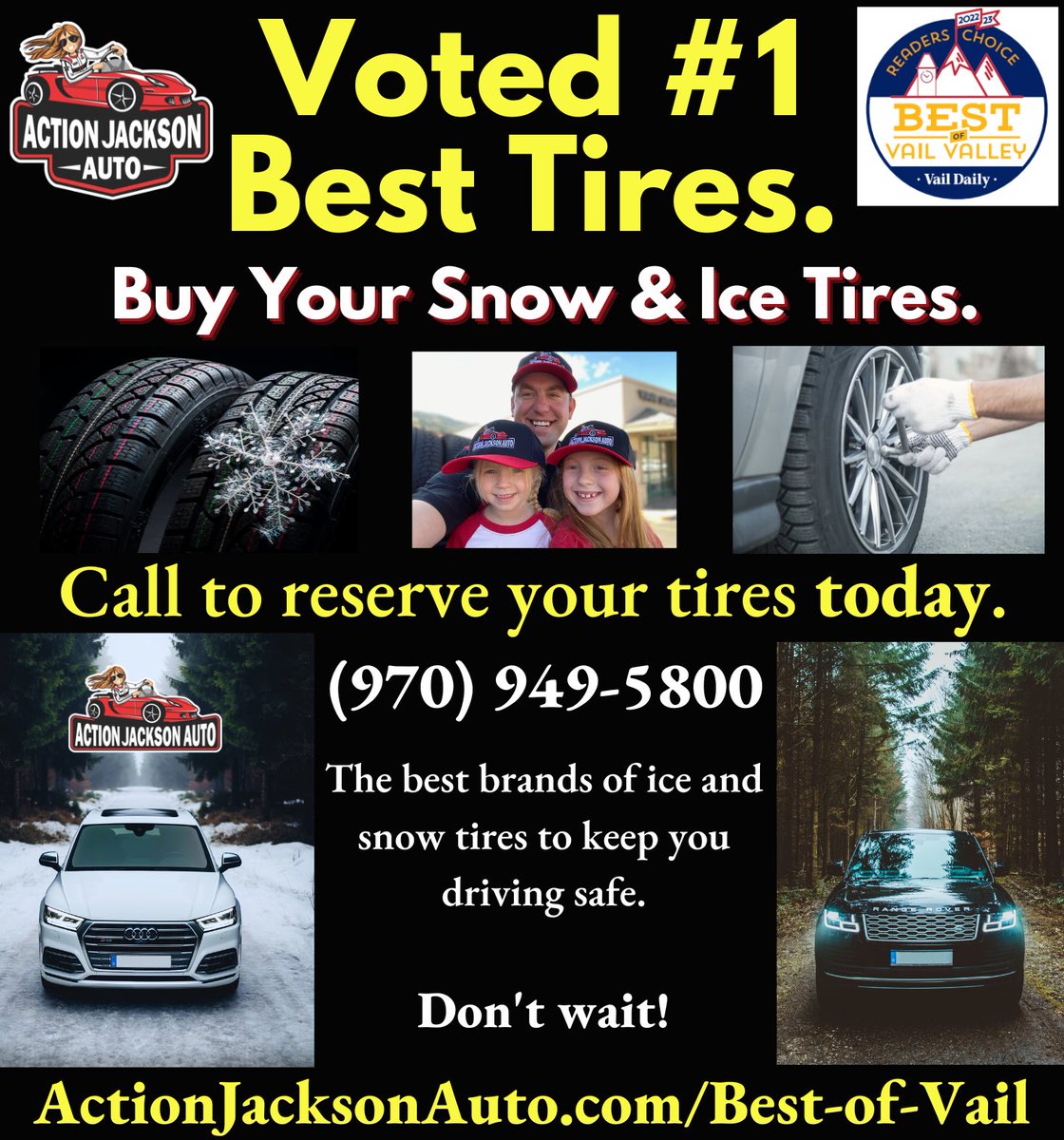 vailautorepair's tweet image. Here’s the best place where to buy winter, snow, and ice tires for your car or truck! If you live in the Vail Valley, Go to ActionJacksonAuto.com and buy your set of studded or nonstudded winter tires today or call (970) 949-5800.

#BuyWinterTires #SnowTires #ActionJacksonAuto