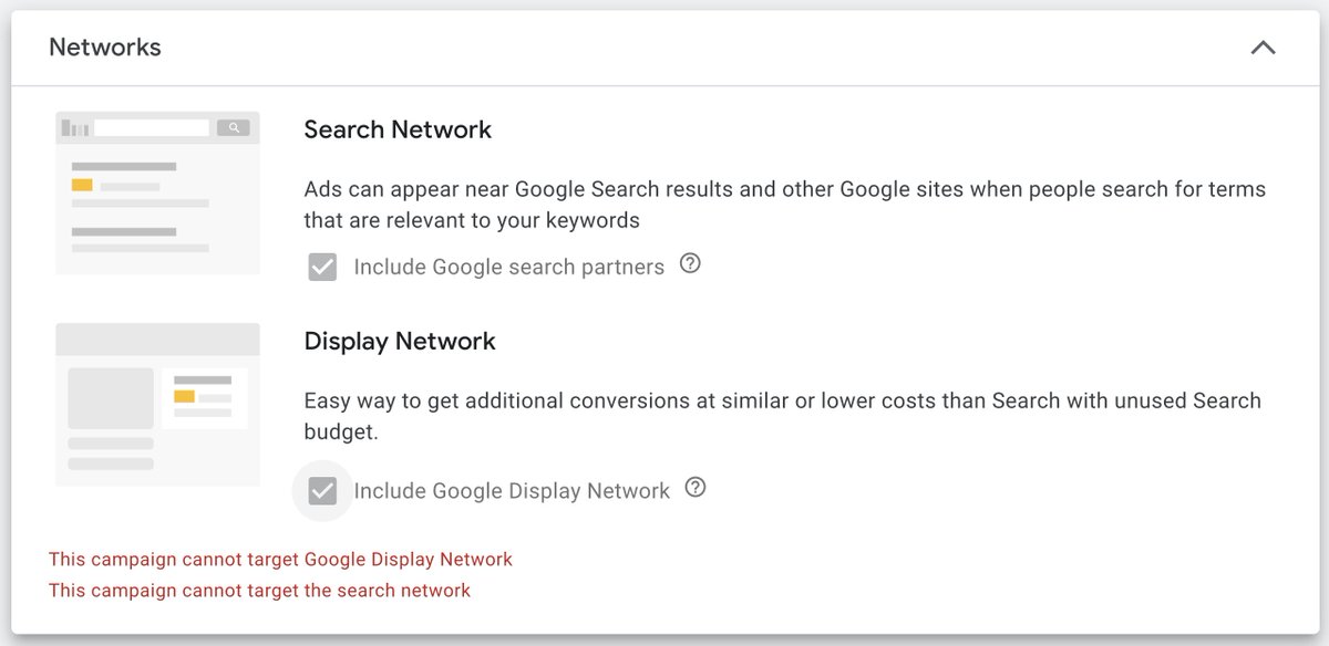 DuncanSBX's tweet photo. @GoogleAds I'm trying to make a new Search campaign for a Grant Account. I cannot de-select search partners/display as it is greyed out. I cannot save the campaign without de-selecting (see error). What's going on? https://t.co/AhpGEpRM5T