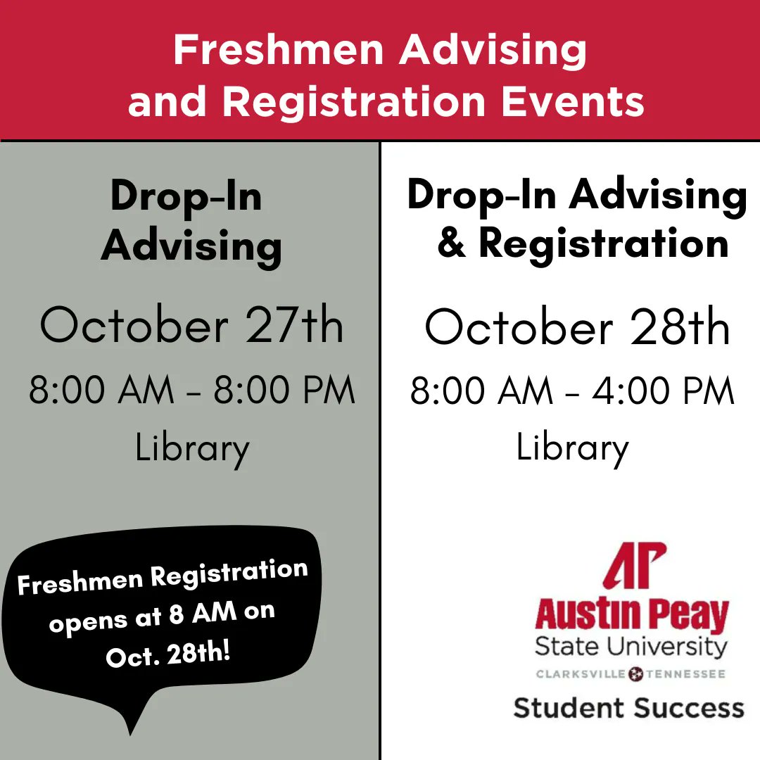 APSUSuccess's tweet photo. Come join us in the Library on October 27th and 28th for freshmen advising and registration events. No appointment needed. We look forward to seeing you! #govsgetregistered https://t.co/6HjCsCFyE3