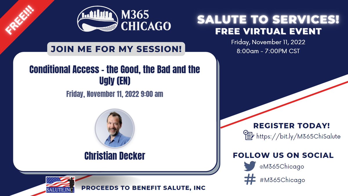 M365Chicago's tweet photo. @M365Chicago welcomes Christian Decker for their session "Conditional Access - the Good, the Bad and the Ugly (EN)" Have you registered? https://t.co/sfV9xlQVRG #M365Chicago #Microsoft #M365 #CommunityRocks #User Adoption &amp; Productivity https://t.co/D0mG111i0I