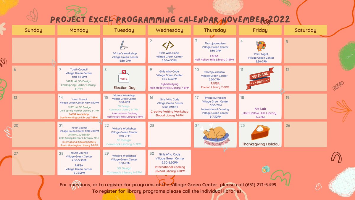 ProjectExcelHYB's tweet image. Check out all the AMAZING and FREE programs Project Excel is running at local libraries and the Village Green Center (423 Park Avenue - 3rd Floor, Huntington) in November.