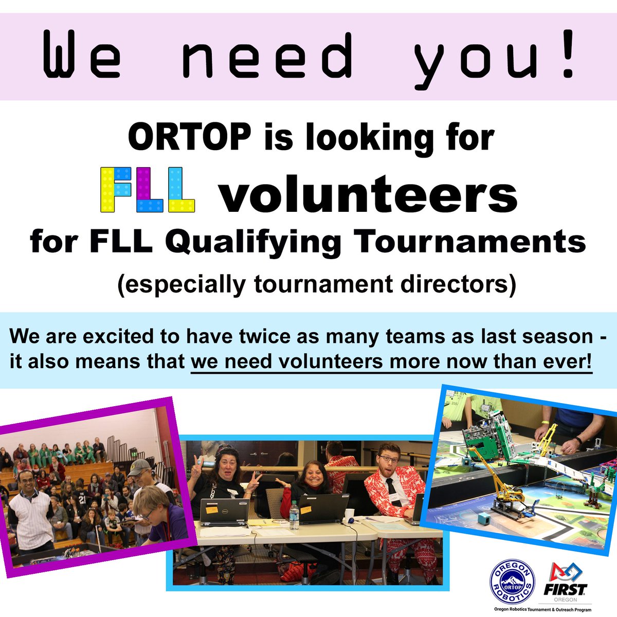 Qualifying Tournaments (QTs) are held at locations throughout Oregon in December! If you are interested in volunteering, please create or update your FIRST volunteer profile at firstinspires.org and select the volunteer role, location, and event days.