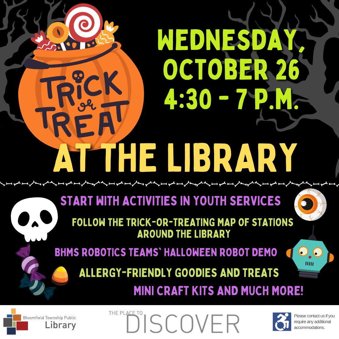 BTPL_MI's tweet photo. We are just SOOOOO excited about our upcoming Trick or Treat event this Wednesday, October 26th from 4:30-7:00! Katherine and Patricia can't stop talking about it! Maybe they talked about it a little too long.... 😬
#LibraryHalloween #GarbanzoTheSkeleton #BTPL #BloomfieldTwpMI https://t.co/2bsjdZWdMF
