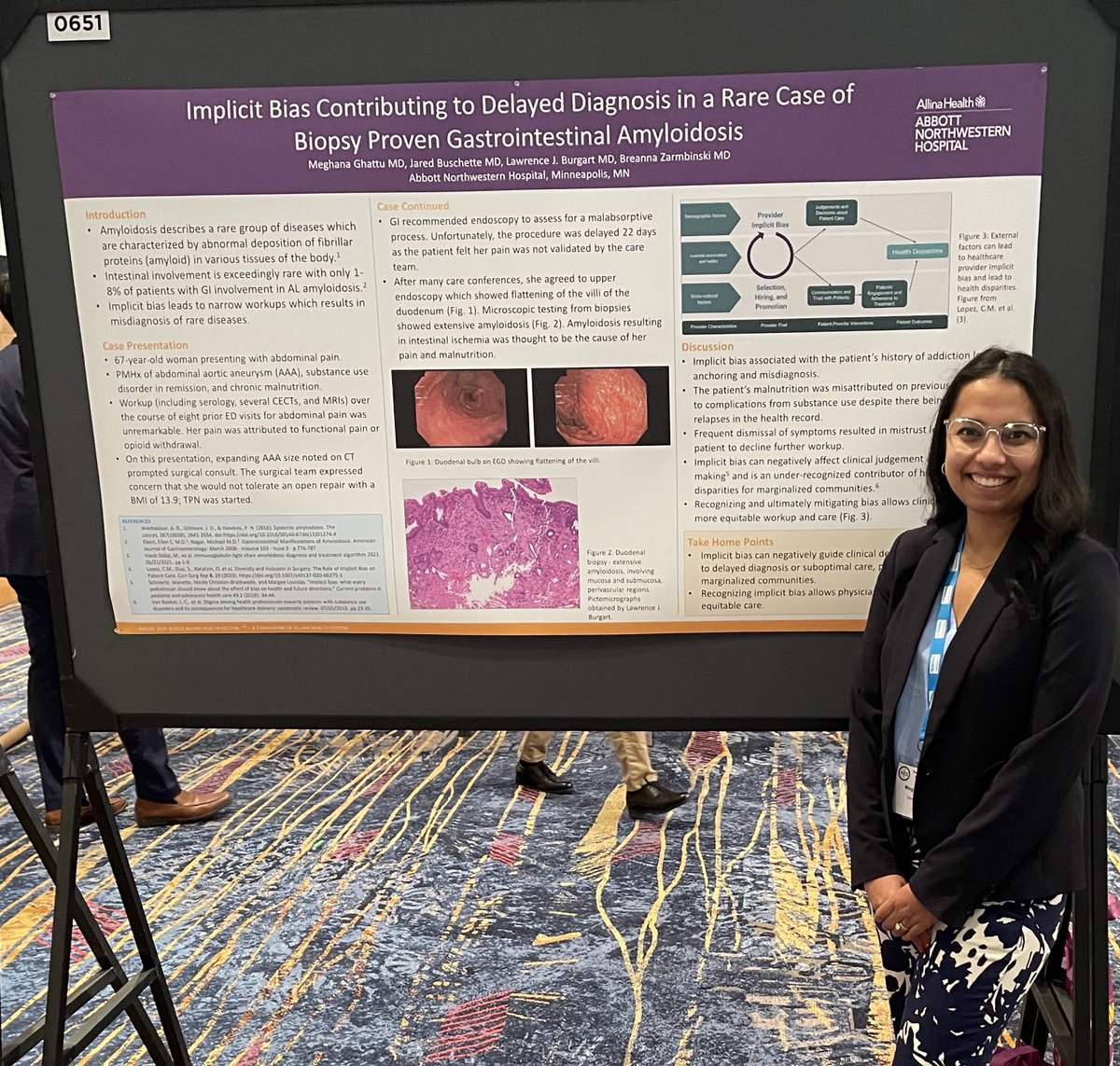 Thank you <a href="/AmCollegeGastro/">ACG</a> for letting me present a case of GI amyloidosis that was misdiagnosed due to implicit bias and highlight that: 
➡️ Implicit bias by 👩‍⚕️👨‍⚕️leads to health disparity.
➡️ Awareness is 🔑 to mitigate one’s own bias. 
#ACG2022