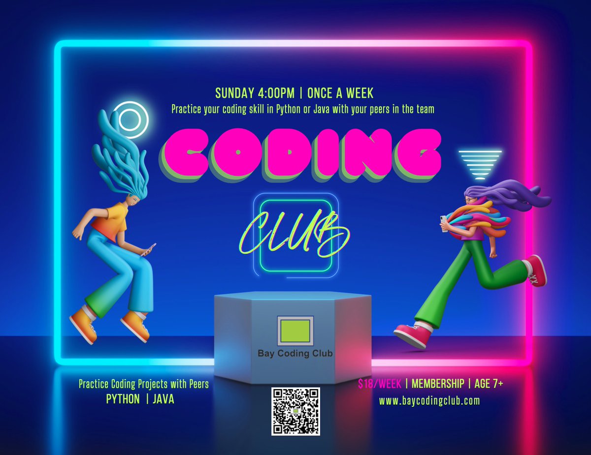 bay_coding's tweet image. Join our [Weekly Coding Club] Practicing coding with your peers and coaches!  ONE HOUR CODING!
 $18/week, come and practice with peers.
Open time: Every Sunday at 4:00-5:00 pm California time, online. 
Registration link:
baycodingclub.com/bcc-clubs