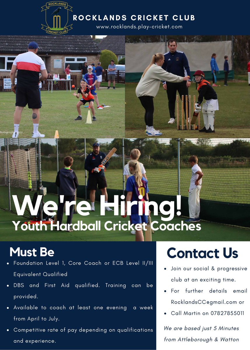 RocklandsCC's tweet photo. We’re seeking a couple of self employed Cricket Coaches to join our hardball coaching team next Summer. 

Join our sociable club at an exciting time with a competitive rate of pay depending on quals &amp; experience. 

Interested? E-mail RocklandsCC@gmail.com or call 07827855011 https://t.co/MmrSSNvAGm