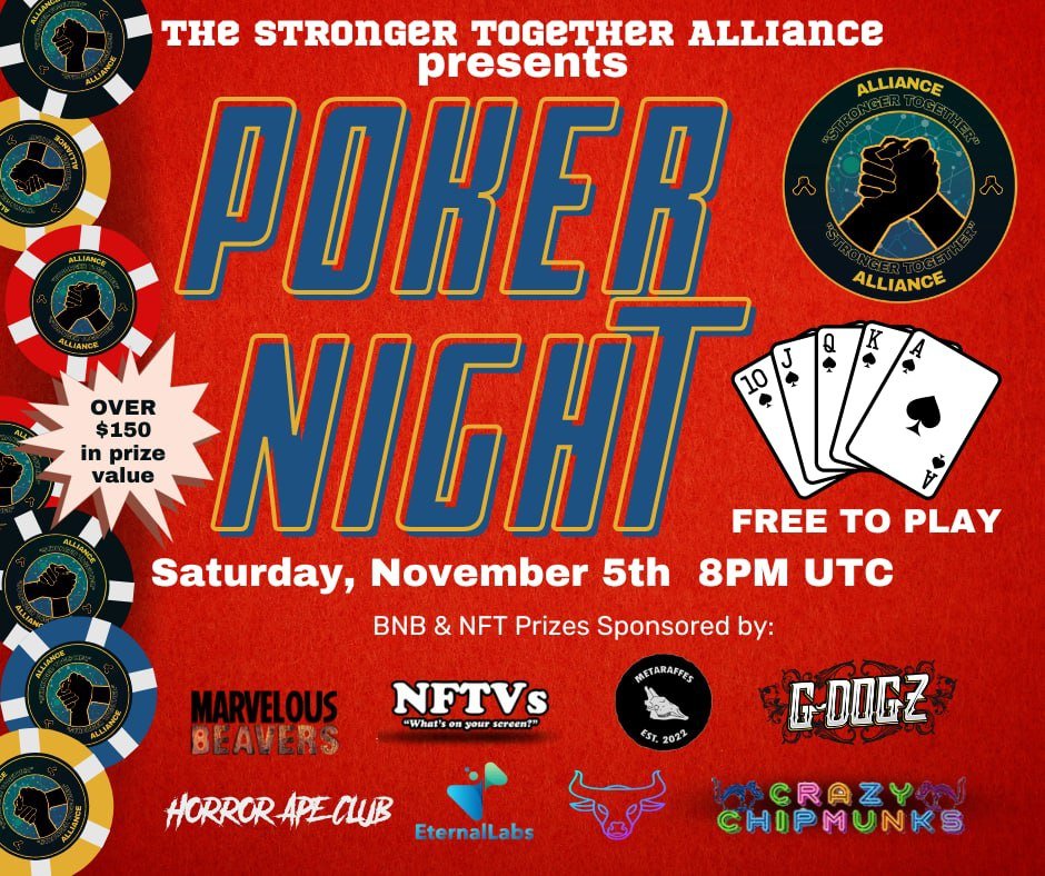 Come and join us once again for the monthly #StrongerTogetherAlliance #PokerNight 5th November 8pm UTC! Plenty of #NFTs up for grabs for winners!!