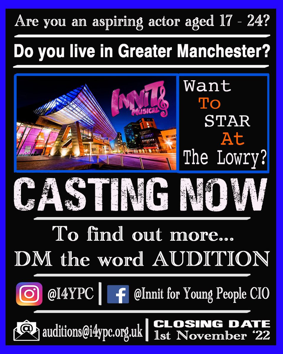 Do you work with young people in GM?  
Are there people in your network who work with young people in GM?

We’re casting now for two lead roles.

This is a MEGA opportunity.

Must be 18 years old from 1st July ‘23

Please RT as widely as possible.

#casting #opportunity #acting