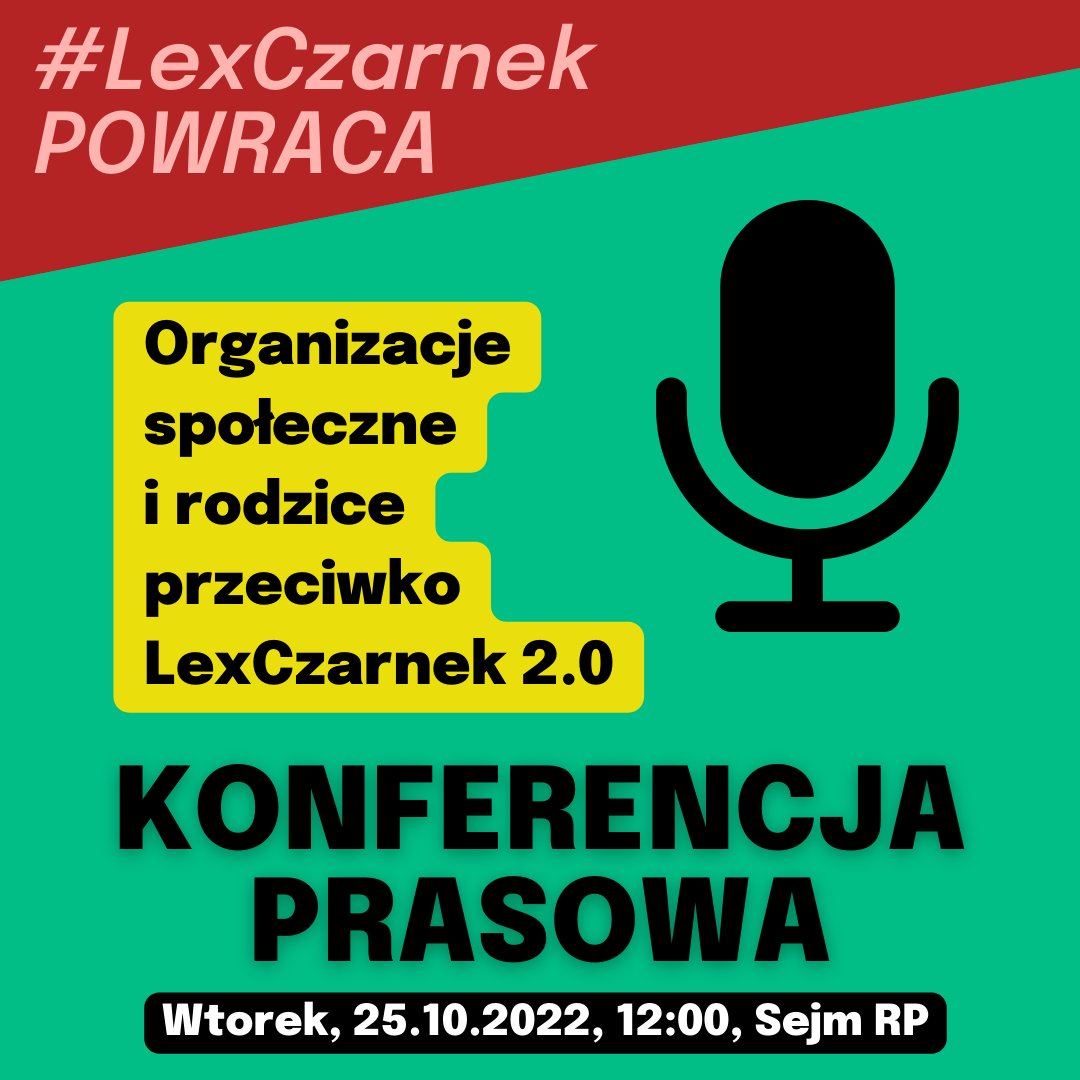 Zapraszam jutro (wtorek 25.10) o 12:00 pod Sejm na wspólną konferencję prasową organizacji społecznych i rodzicielskich. Pokażemy prawdę o projekcie #LexCzarnek 2.0, który wprowadza dyktaturę kuratorów w miejsce współpracy uczniów, nauczycielek, NGOsów i rodziców. 
#CzarnekOut