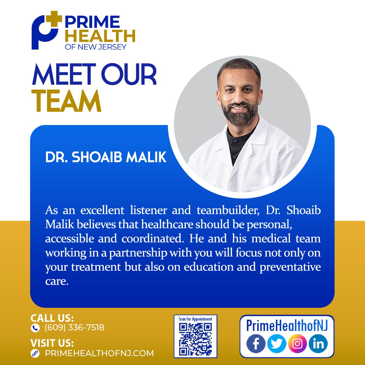 PrimeHealthofNJ's tweet photo. Meet Our Team – Dr. Shoaib Malik

Take a moment to get to know Prime Health of NJ today. 

Have questions? Contact us directly at (609) 336-7518 or book an appointment at https://t.co/Uo33K5So0W

#primarycare #health #wellness #newjerseyprimarycare #primehealthofnj #primaryhealth https://t.co/NmJYElKdNH