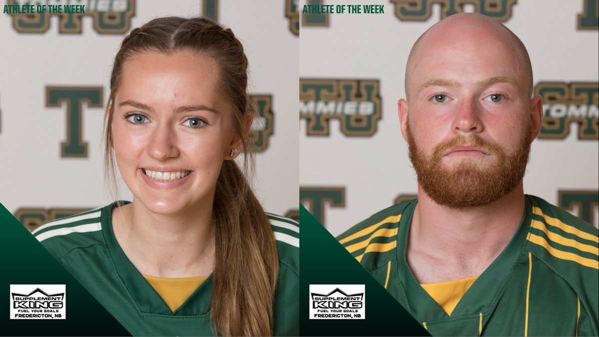 TommiesSTU's tweet photo. This week's Supplement King Athlete's of the Week are Ginny Phillips of Women's Soccer and Ryan MacKinnon of Men's Soccer.

Ryan finished his ACAA regular season career with a 33-5-10 record over 4 seasons.
Ginny shut down opposing attackers, helping STU clinch a playoff spot! https://t.co/U96GOyUYeU