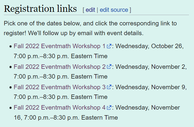 professorbrenda's tweet photo. We (@HigherMathNotes & I) will be available Wednesday evenings: Oct 26, Nov 2, Nov 9, Nov 16
7:00-7:20pm will be a brief presentation about the #Eventmath project
7:30-8:30pm will be an open working session where we can help you publish & edit a lesson plan page on the wiki! https://t.co/mLIhUJpYXs