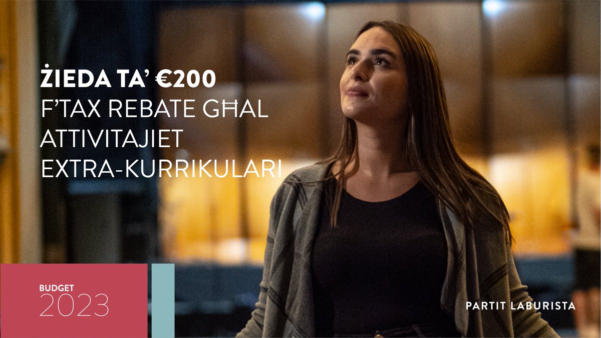 Partit Laburista (@pl_malta) on Twitter photo Parents whose children attend #sports or #cultural activities will benefit from a tax rebate of €300 #childguarantee
#Budget2023 | <a href="/RobertAbela_MT/">Robert Abela</a> Parents whose children attend #sports or #cultural activities will benefit from a tax rebate of €300 #childguarantee
#Budget2023 | <a href="/RobertAbela_MT/">Robert Abela</a>