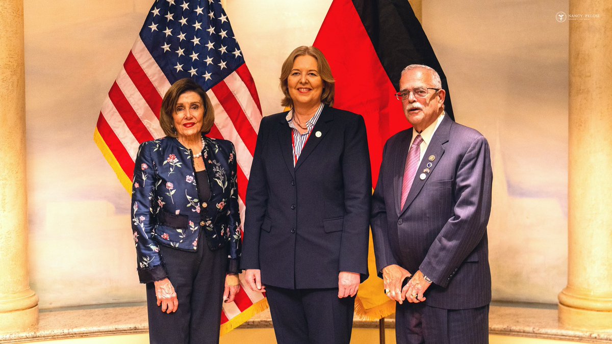 SpeakerPelosi's tweet photo. The U.S.-German alliance is central to supporting Ukraine, as well as advancing global peace, security and stability.

Meeting with Bundestag President @BaerbelBas, I thanked her for hosting the G7 Speakers’ Meeting last month and discussed our ongoing work to defend democracy. https://t.co/0b5TxImKLL