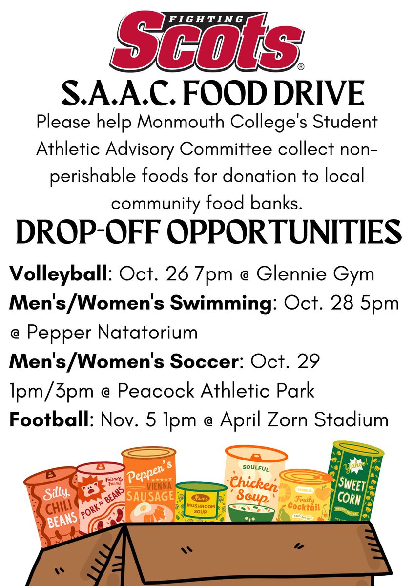 MCFightingScots's tweet photo. The @MonmouthCollege @ScotsSAAC is participating in the @MWCSports Canned Food Drive. This is a competition between the nine MWC schools  with the winning school receiving a prize. All our canned goods and monetary donation will benefit the Jamieson Center here in town #RollScots https://t.co/ex35UYeQeH
