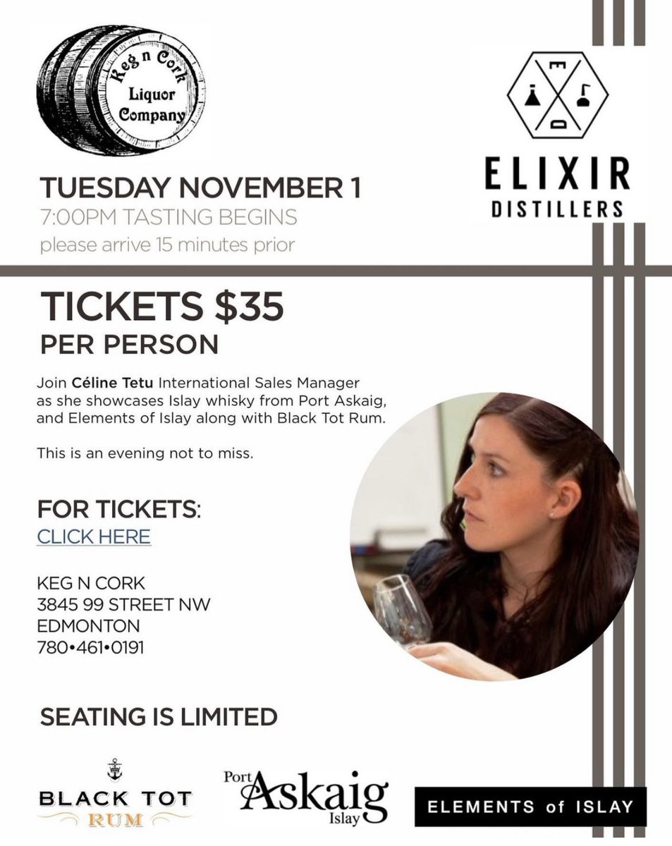 caskandbarrel73's tweet photo. If you like peaty whiskies from Islay then this is the event for you!! Make sure to join us on November 1st for the Elixer Distiller Tasting.@PWS_Canada @kegncork_edm @ElementsOfIslay @PortAskaigMalt @BlackTotRum https://t.co/XbNY4Nw2wO