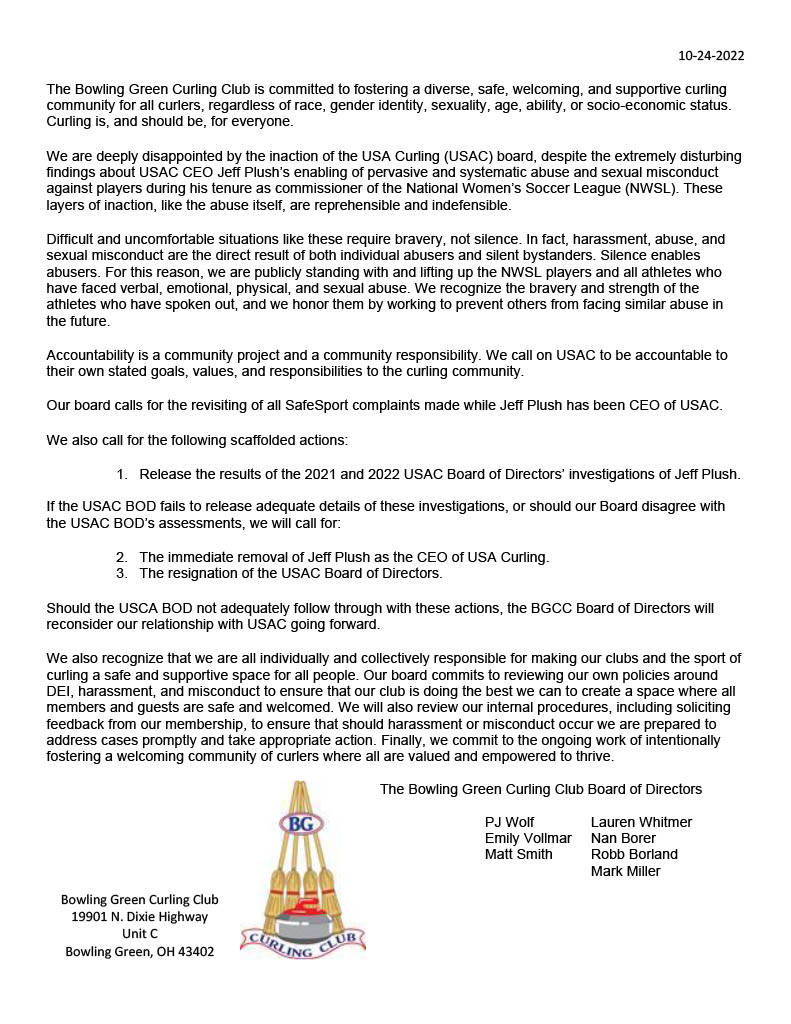 BGCurling's tweet photo. A message from our board of directors regarding USA Curling CEO Jeff Plush and our own DEI efforts https://t.co/ollhqXAMOB