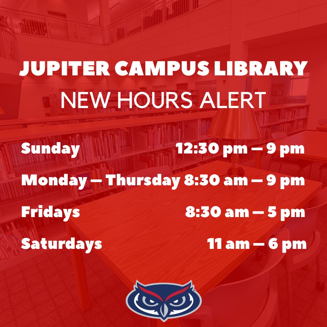 FAUJupiterLib's tweet photo. 🚨New hours alert🚨

Starting today, Jupiter Campus Library will close at 9 p.m. Monday through Thursday. 

#faulibraries #academiclibrary https://t.co/OQxahYHcpw