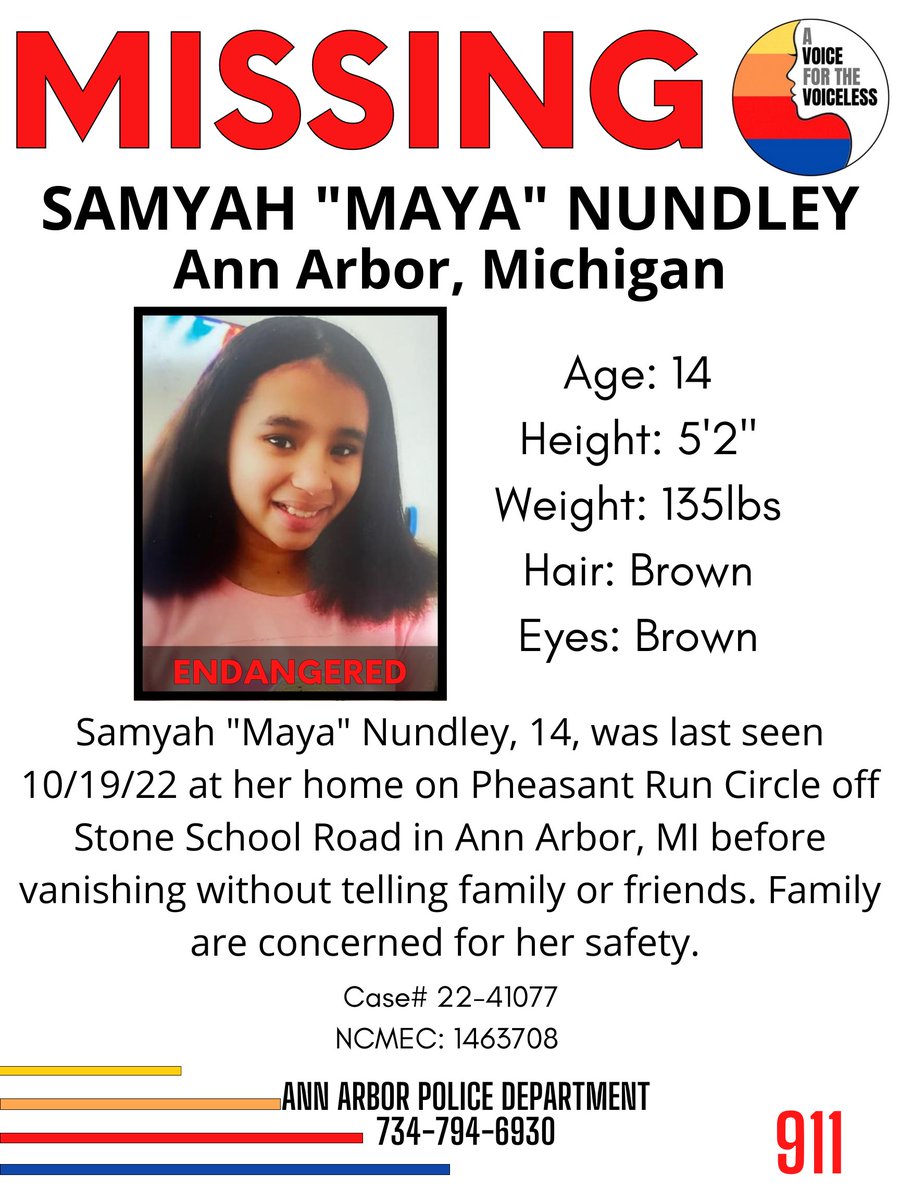 AwarenessTCS's tweet photo. #SamyahNundley aka #Maya , 14, was last seen 10/19/22 at her home on Pheasant Run Circle off Stone School Road in #AnnArbor #Michigan
Case# 22-41077
NCMEC: 1463708
Ann Arbor Police Department
734-794-6930
#Share #MissingChild #BOLO https://t.co/boozwKyPBa