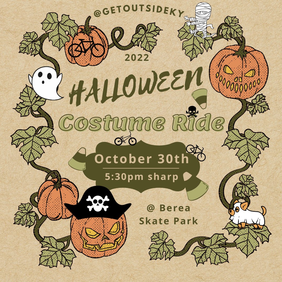 GOKY is encouraging us to all Get Outside with a Halloween Bike Ride! Time to parade those costumes around and get some exercise in the process. The group will be meeting at 5:30PM on Sunday, October 30th at the Berea Skate Park.