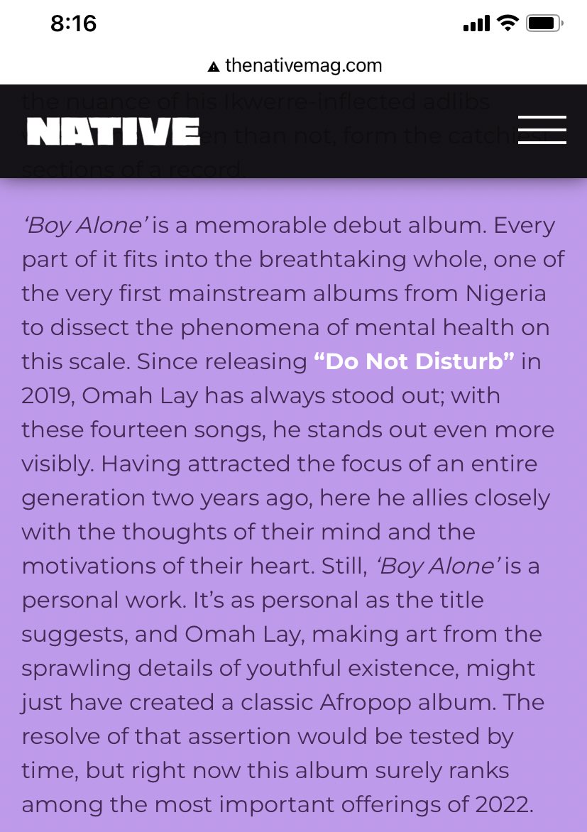 I just finished reading my review of Omah Lay’s Boy Alone and nahh, I know this music thing

This closing paragraph feels like prophecy 

thenativemag.com/featured/revie…