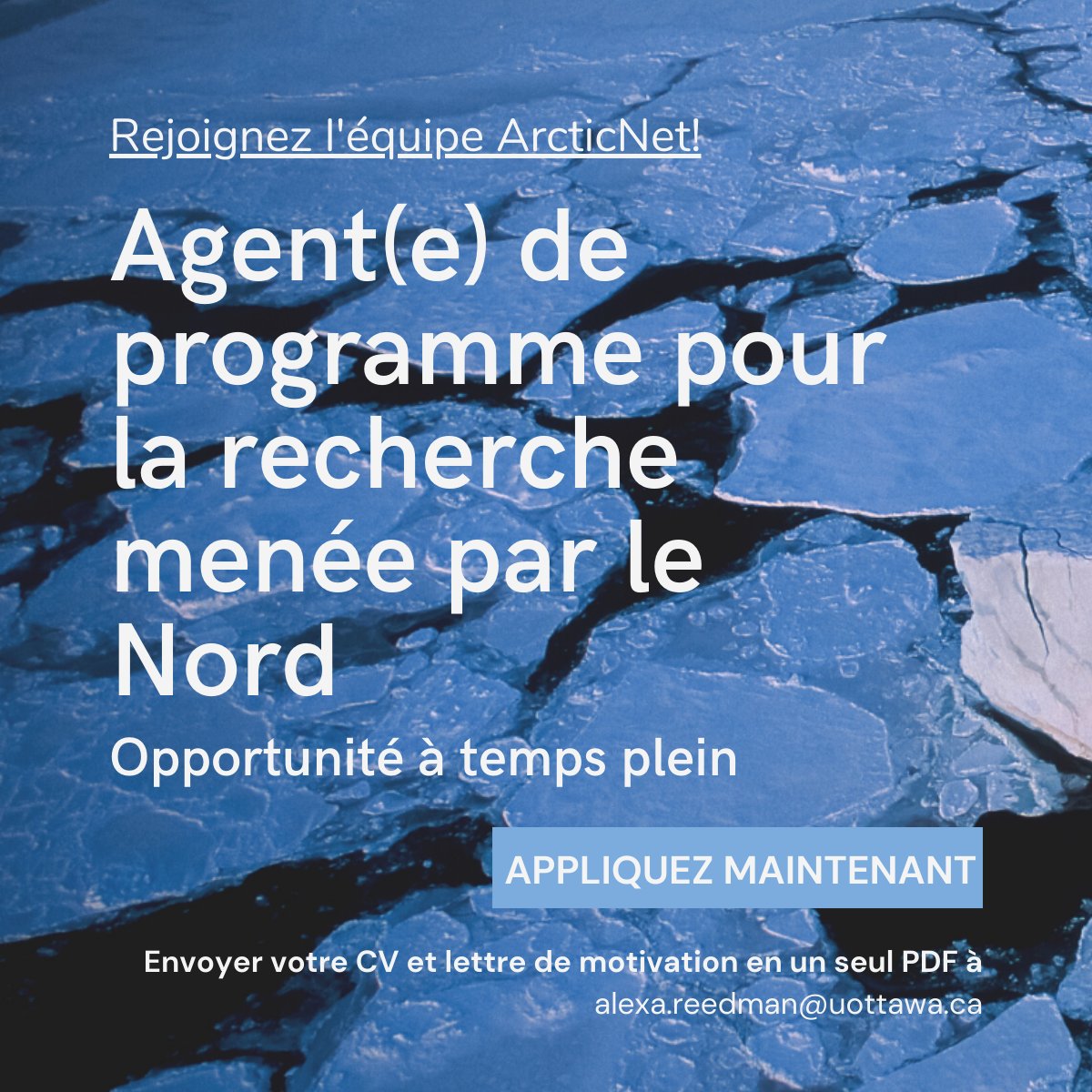 Nous recrutons! Si vous pensez que vous êtes fait pour ce poste, envoyez votre CV et votre lettre de motivation en un seul PDF à: alexa.reedman@uottawa.ca. Pour consulter l'offre d'emploi, cliquez ici: arcticnet.ulaval.ca/program-office…