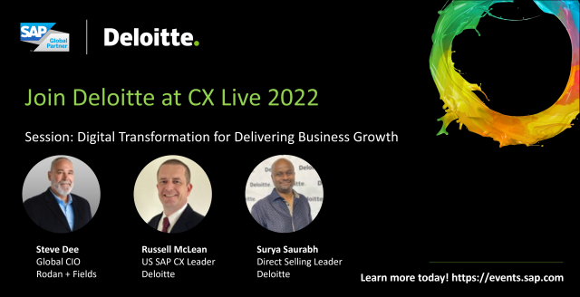 DCkashif's tweet photo. Deloitte is thrilled to be speaking at CX Live 2022 with Rodan + Fields. Register now! #SAP #Deloitte #GoogleCloud https://t.co/lLbmt3qOa9 https://t.co/1nfznJtWIh