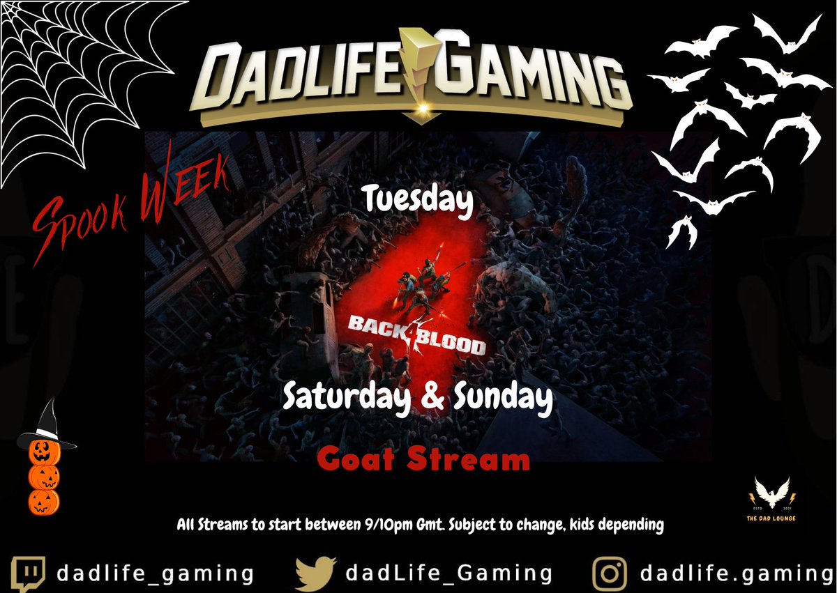 dadLife_Gaming's tweet photo. Spook week is upon us in the dad lounge and what better way to spend than smashing multiple zombie heads for the week. If you are interested in squading up in any of the streams then let me know.Also an added bonus, the goat will be back on Sunday stream!
#dadstreamer 
#spookweek https://t.co/m7EXRcVeM2