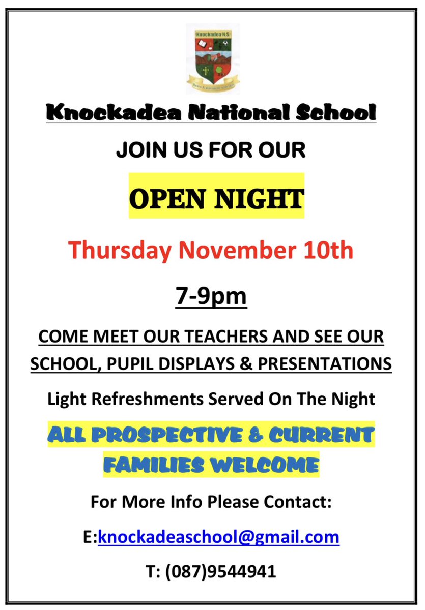 Admissions are now open for the 2023/2024 school year at Knockadea NS. Application forms are available at: drive.google.com/drive/folders/… or through the office. Come along to our open night on the 10th of November to find out more or contact the school at knockadeaschool@gmail.com