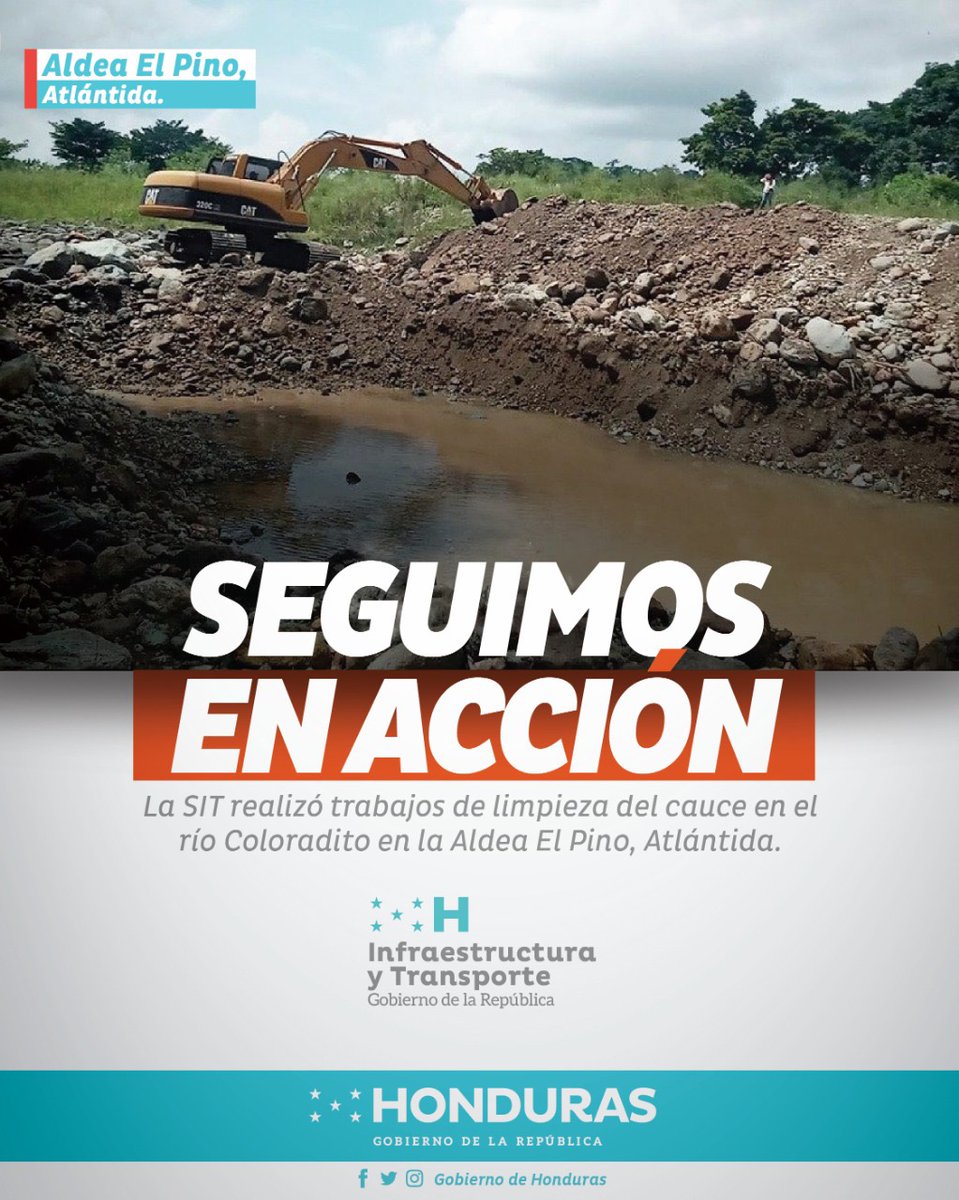 GobiernoHN's tweet photo. El #GobiernoDelPueblo sigue brindando asistencia a las zonas que fueron afectadas por las lluvias. La @SITHonduras realizó trabajos de limpieza en el río Coloradito en la aldea El Pino en Atlántida.🚜
#EstamosJuntosHn https://t.co/JGiHQspfAj