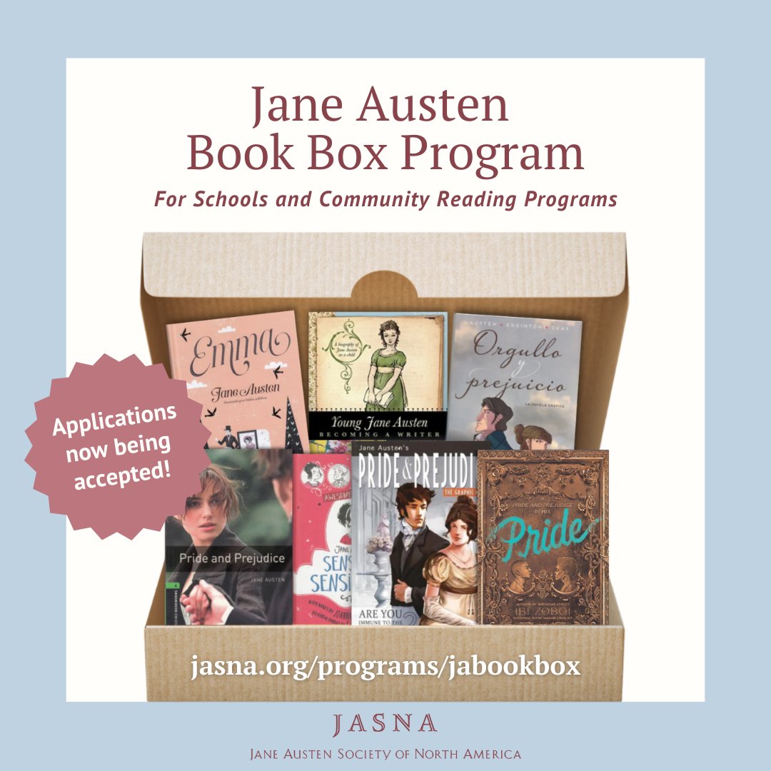 We're now accepting applications from schools &amp; community groups in the US &amp; Canada for Jane Austen Book Boxes for this school year. Books are awarded FREE to qualified orgs introducing Austen to K-12 students. More: jasna.org/programs/jaboo…

#JaneAusten #readingprograms #reading