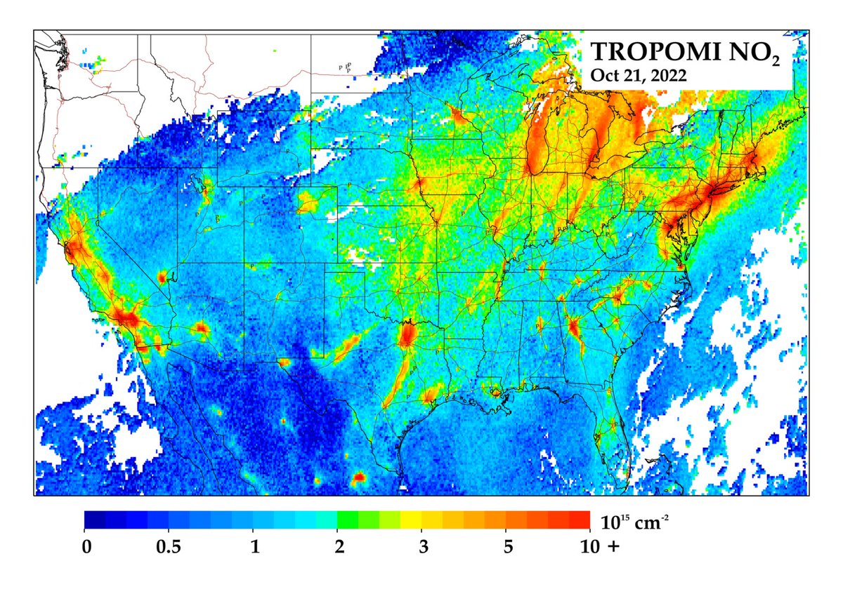 Amazing what TROPOMI can "see" on a single day. Last Thurs/Fri were some of the most cloud-free days of the year across the US. Pick out your favorite NOx source in this NO2 map. More images on tropomino2.us