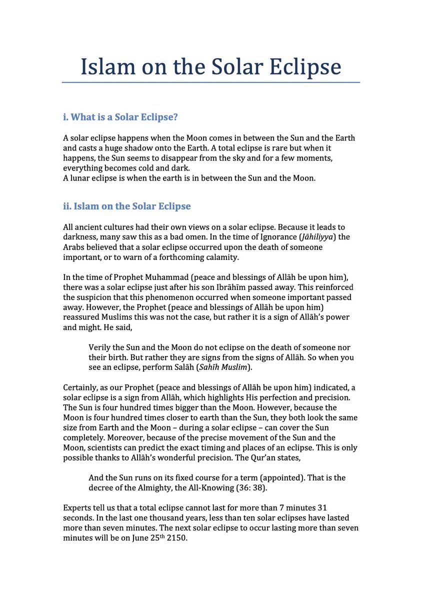 Hafiz_Ather's tweet photo. Ahead of tomorrow’s partial #SolarEclipse  (approximately 1000am-12pm) in the UK, please read this article about what Islam says about this great sign of Allah Almighty. The article includes details on how to perform the solar eclipse prayer | Please read &amp; share, Jazakallah https://t.co/ZFJYzgcNxd