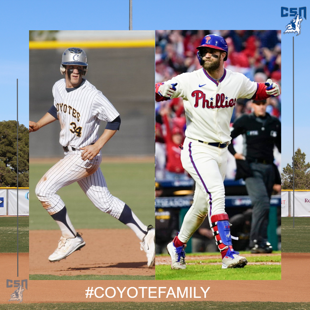 CSN_Baseball's tweet photo. The Coyote Family is thrilled to congratulate our very own Bryce Harper, on reaching the 2022 World Series with the Philadelphia Phillies. Best of luck Bryce, the entire 702 is rooting for you‼️ 
🐺⚾️ #CoyoteFamily #1PACK https://t.co/w5JdZSH8Qe