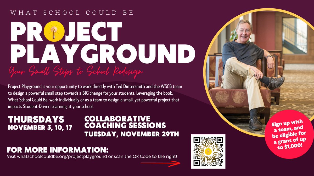 SchoolCouldBe's tweet photo. Got a project you've had on the mind for awhile, but needed an opp to bring it to life? Join @dintersmith + WSCB for #ProjectPlayground to design a powerful small step towards a BIG change for your students!
Sign up as an individual OR a team HERE: https://t.co/v8Tm3djSUu https://t.co/gSJ8az3Zia