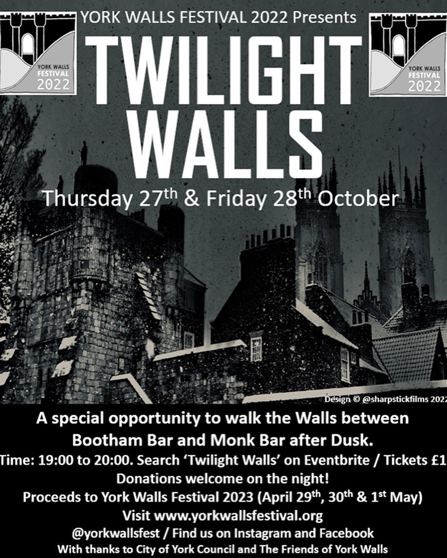 YorkWallsFest's tweet photo. #YorkWallsFestival Extra: #TwilightWalls is this Thurs &amp; Fri! #WalkTheWalls Bootham Bar-Monk Bar 19:00-20.00, plus #LiveMusic &amp; #FairyLights! Get your £1 🎟-search ‘twilight walls’ on Eventbrite. Donations welcome; proceeds to t’festival! @VisitYork #HalfTerm #York @CityofYork https://t.co/wMB4zb8ag0