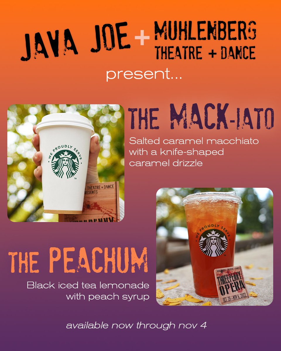 bergthrdnc's tweet photo. For the next 2 weeks, start your day at Java Joe by trying one of the new THREEPENNY OPERA drinks!☕ Created by Macheath himself (Java Joe Barista Joe Grisanzio), "The Mack-iato" and "The Peachum" are the perfect way to get into the spirit of all things Fall and #BergThreepenny https://t.co/OKfx0h3nUs
