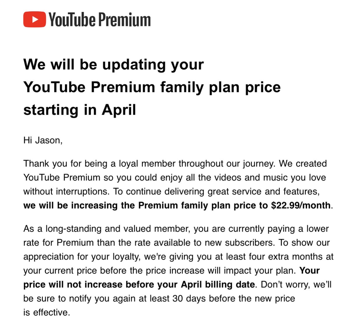 It’s pretty incredible that @youtubemusic @YouTube is increasing the price of the #YouTubePremium family plan by 53% in one shot! 😲 There’s nothing new being added here in terms of value; it’s the same as before, just at a much higher monthly rate. Yikes! 🫤