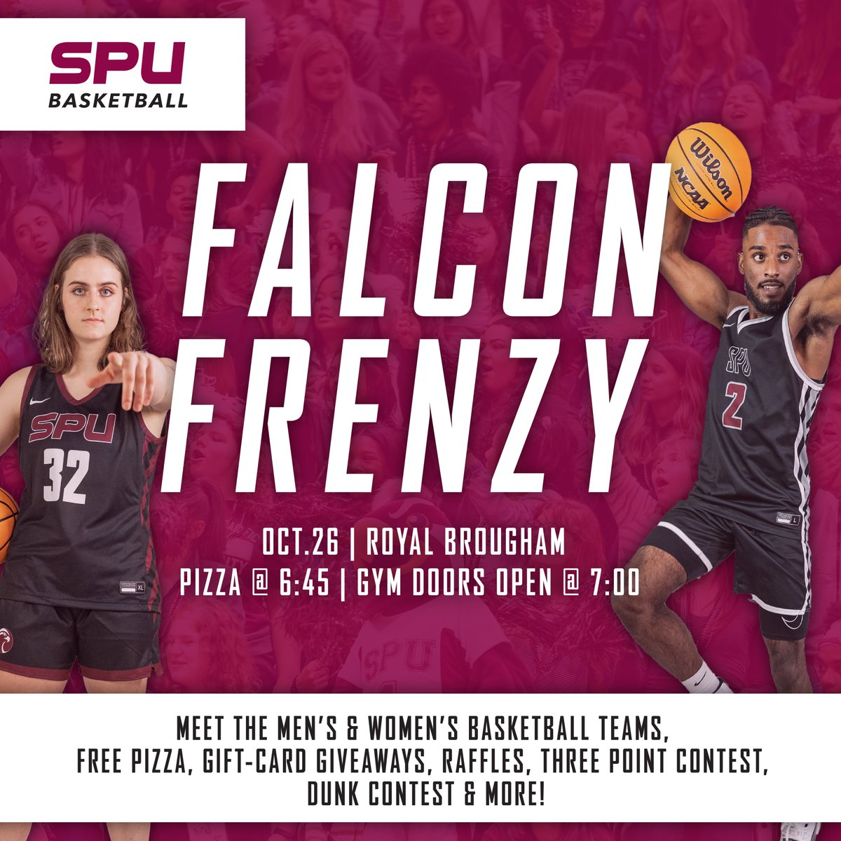 Just a couple days away from Falcon Frenzy! We're teaming up with SPU women's basketball to get our season started all the fun, excitement, prizes, and more! We'll see you at RBP on Wednesday at 7 p.m. 

#GoFalcons