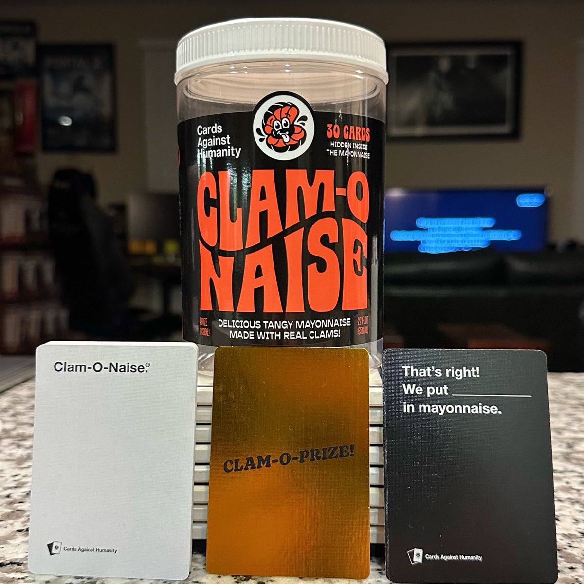 RedLetterDavid's tweet photo. Mistakes were made.
Thanks @CAH for the fabulous prize, but I’m still not sure it was worth it. #Clamonaise didn’t need to exist.
🙃 https://t.co/zL5BvZUBOY