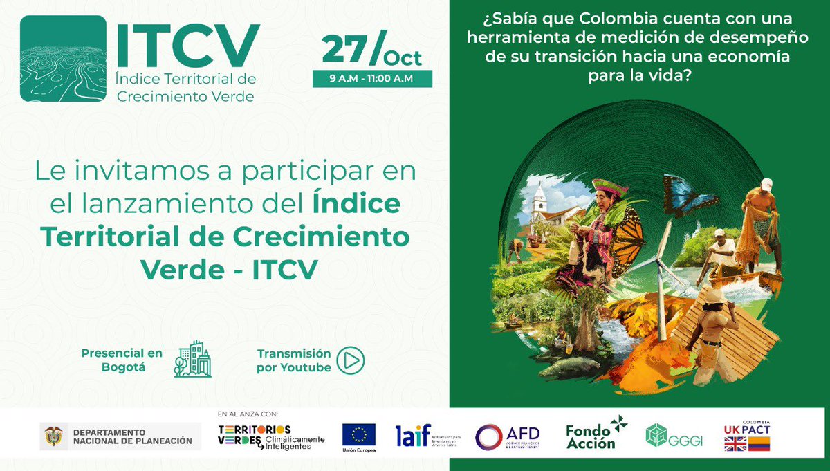 DNP_Colombia's tweet photo. #SabíasQué 🗨️
¿El DNP diseñó una herramienta que evalúa el desempeño de los departamentos en materia de crecimiento verde? Pronto conocerás el Índice Territorial de Crecimiento Verde #ITCV.
🗓️27 octubre
⏰9 a.m.
📍 Hotel Tequendama
Inscripciones https://t.co/e7E6TMyaZ0 https://t.co/SJnrVO4HSu
