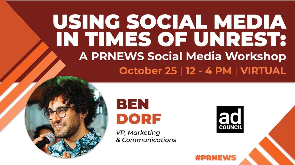 Join the Ad Council's Ben Dorf on Tuesday, Oct. 25 at the virtual @PRNews Social Media Workshop. 🎤 Learn how, when and where to respond to the news and how to communicate your brand POV on social. Register now: prnewsonline.com/go/social-medi…