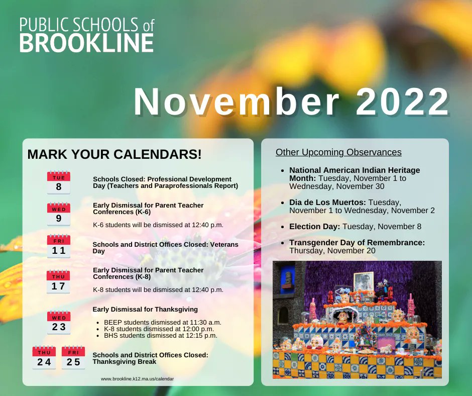 BrooklinePublic's tweet photo. November is a month for many things, including parent-teacher conferences and staff  professional development day! Take a moment to mark your calendars for the many occasions we have in store for the next few weeks: https://t.co/FfTAdp1Yy1 https://t.co/7XAnerhHOw