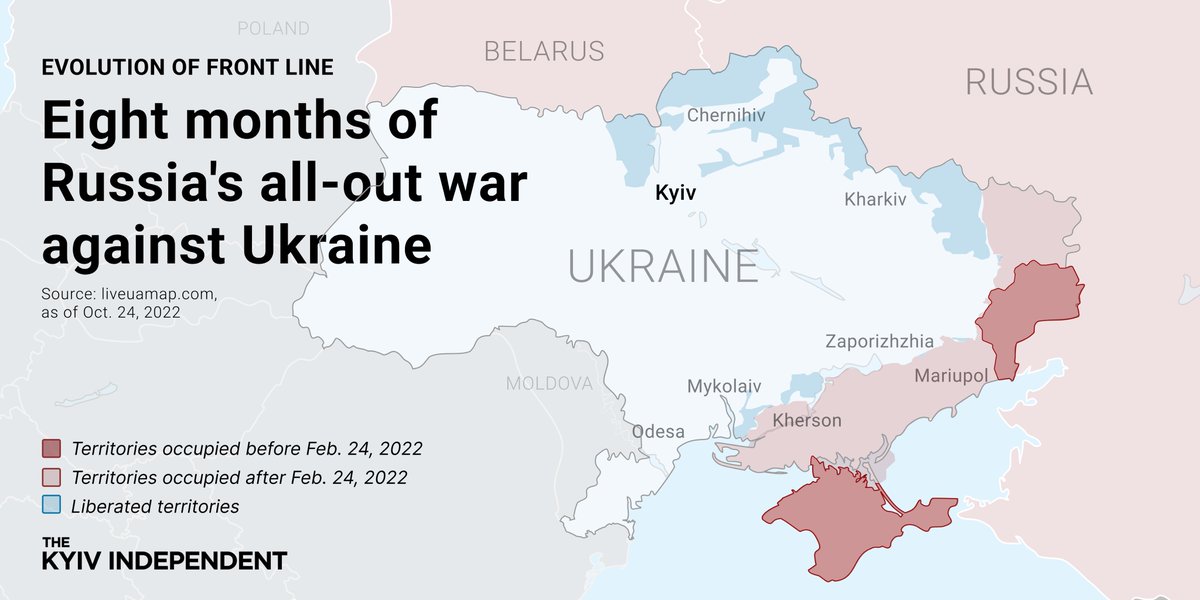 KyivIndependent's tweet image. It has been exactly eight months since Russia began its full-scale invasion of Ukraine.

Here's how the front line has been changing since Feb. 24.