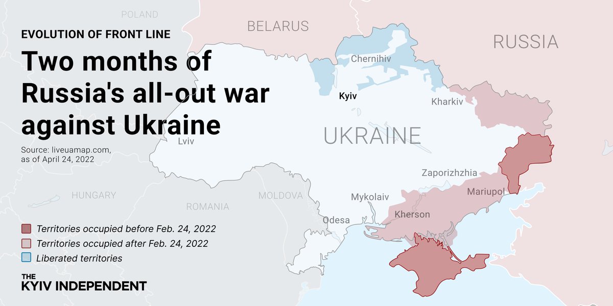 KyivIndependent's tweet image. It has been exactly eight months since Russia began its full-scale invasion of Ukraine.

Here's how the front line has been changing since Feb. 24.