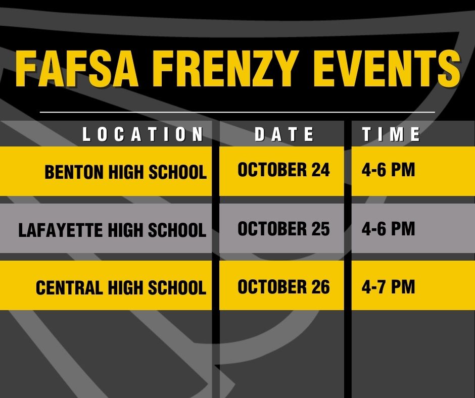 The Free Application for Federal Student Aid, or <a href="/FAFSA/">Federal Student Aid</a>, for the 2023-2024 academic year is officially open! 
Need help filling yours out? A representative from Missouri Western will be at the following FAFSA Frenzy events hosted at area high schools THIS WEEK!